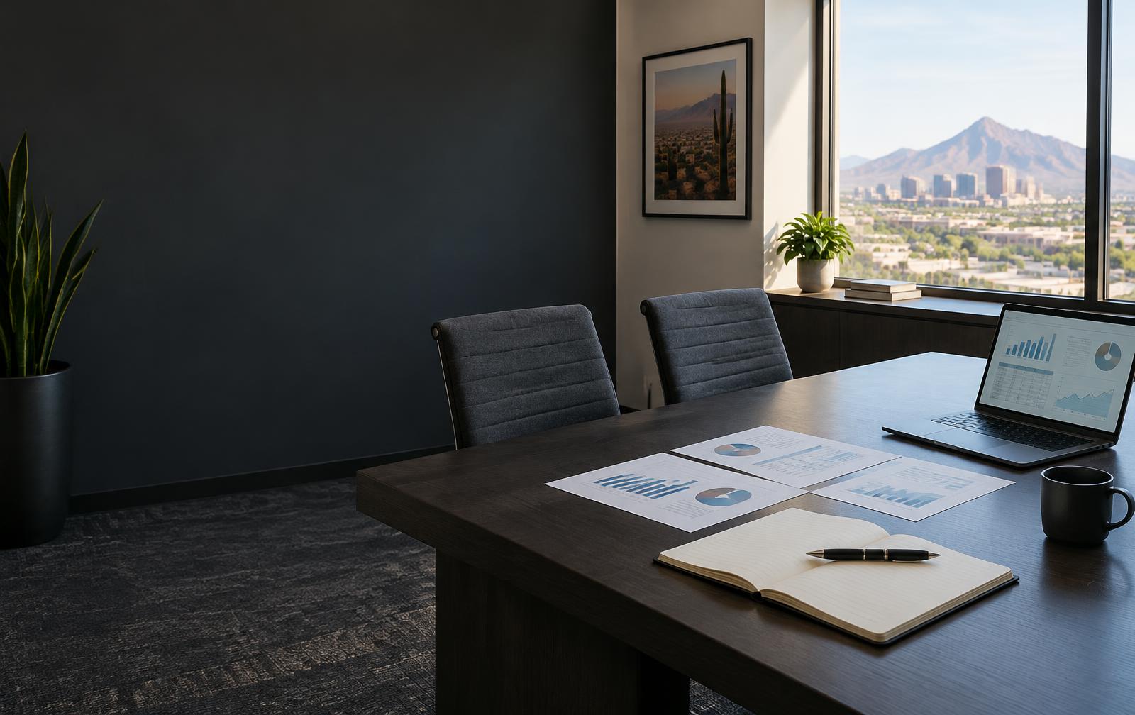 Illustrative business planning workspace overlooking Phoenix; generated image, not a client office